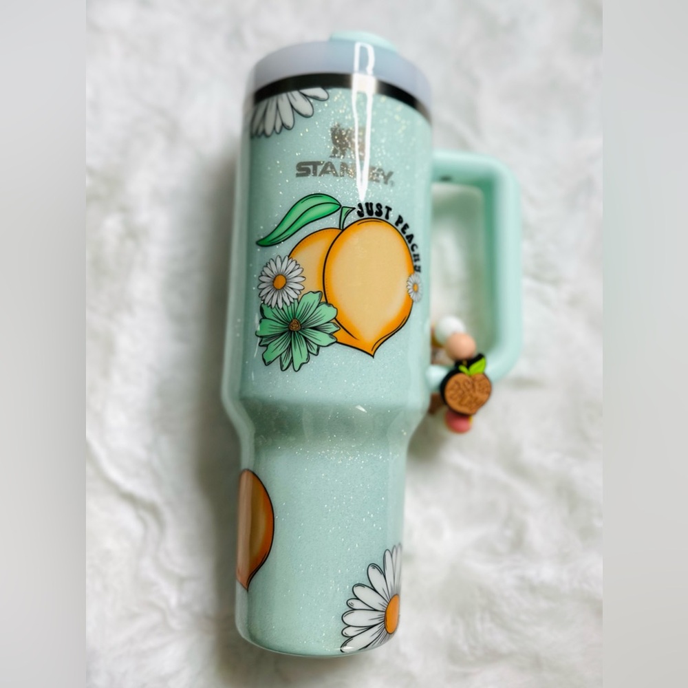 Stanley custom Pastel Green Tumbler with Peach and Floral Design 40 oz NWOT